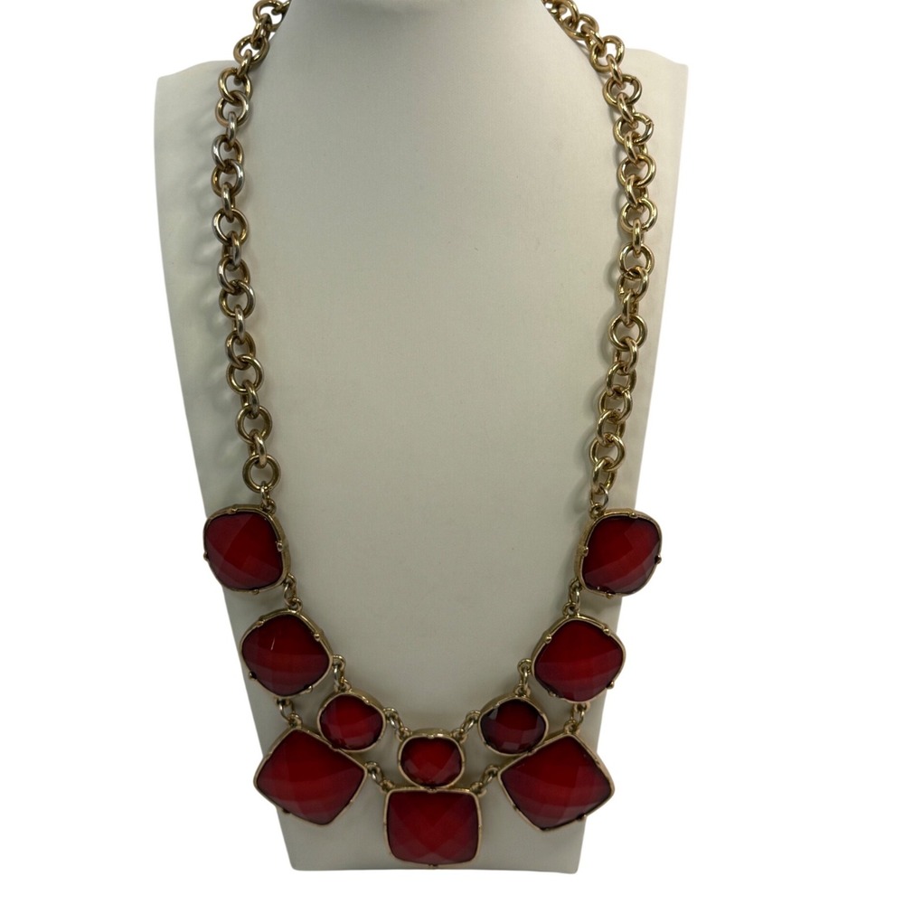 Red Square Faceted Stone Gold Tone Chunky Bib Statement Necklace Vintage Y2K